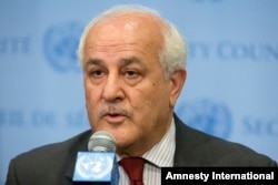 Palestinian U.N. Ambassador Riyad Mansour speaks following a meeting of the U.N. Security Council on the worsening situation in Gaza at United Nations headquarters, July 28, 2014.