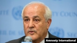 FILE - Palestinian U.N. Ambassador Riyad Mansour speaks following a meeting of the U.N. Security Council on the worsening situation in Gaza at United Nations headquarters, July 28, 2014. 