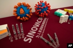 Jarum suntik untuk vaksin COVID-19 dan benda yang menyerupai virus corona dipajang di pabrik Sinovac di Beijing. (Foto: AP/Ng Han Guan)