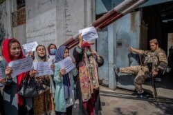 Seorang pejuang Taliban menyaksikan para wanita Afghanistan memegang plakat selama demonstrasi menuntut lebih banyak hak bagi perempuan, di depan bekas Kementerian Urusan Perempuan di Kabul, Afghanistan, 19 September 2021. (Foto: AFP)