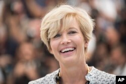 FILE - Emma Thompson poses for photographers for the film "The Meyerowitz Stories" at the 70th international film festival, Cannes, France, May 21, 2017.