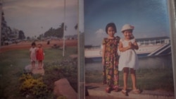 Photos of Oun Retra with her sister, Oun Sokna, from her childhood album. (Khan Sokummono/VOA Khmer)