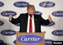 FILE - U.S. President-Elect Donald Trump speaks at an event at Carrier HVAC plant in Indianapolis, Indiana, Dec. 1, 2016.