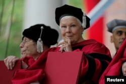 Judi Dench holds her honorary Doctor of Arts degree during the 366th Commencement Exercises at Harvard University in Cambridge, Massachusetts, May 25, 2017.