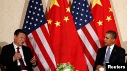 FILE - China's President Xi Jinping speaks during his meeting with U.S. President Barack Obama (R), on the sidelines of a nuclear security summit, in The Hague, March 24 2014. 