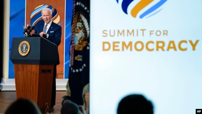 President Joe Biden delivers closing remarks to the virtual Summit for Democracy, in the South Court Auditorium on the White House campus, Dec. 10, 2021, in Washington.