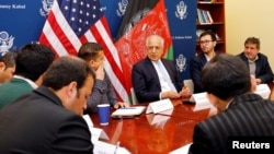 U.S. special envoy for peace in Afghanistan, Zalmay Khalilzad, center, speaks during a roundtable discussion with Afghan media at the U.S Embassy in Kabul, Afghanistan Jan. 28, 2019.