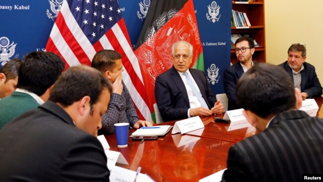 U.S. special envoy for peace in Afghanistan, Zalmay Khalilzad, center, speaks during a roundtable discussion with Afghan media at the U.S Embassy in Kabul, Afghanistan Jan. 28, 2019.