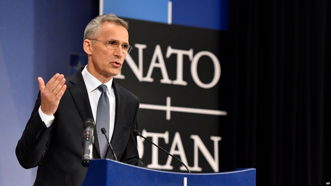NATO Secretary General Jens Stoltenberg speaks during a media conference at NATO headquarters in Brussels on April 26, 2018.
