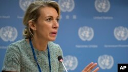 Phát ngôn viên Bộ Ngoại giao Nga Maria Zakharova trong một cuộc họp báo năm 2017