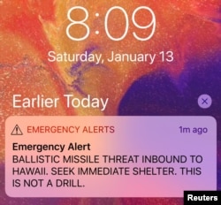 FILE - A screen capture from a Twitter account shows a missile warning for Hawaii, Jan. 13, 2018, in this picture obtained from social media.