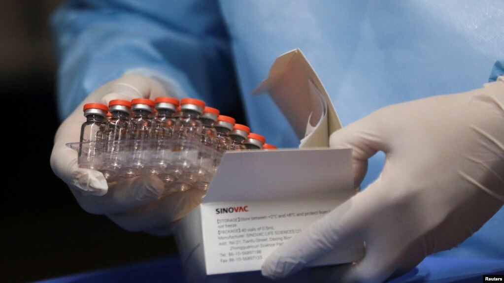 A box with China's SINOVAC vaccines against the coronavirus disease (COVID-19) is seen during the mass vaccination program for the elderly people at Movistar Arena in Bogota, Colombia March 9, 2021.