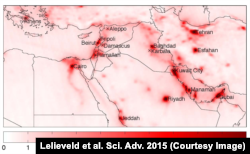 This graphic shows areas of greatest nitrogen dioxide pollution over Middle East cities, averaged over the period 2005 to 2014, as monitored from space. NO2 is associated with increased economic and industrial activity, and the satellite reading shows a d