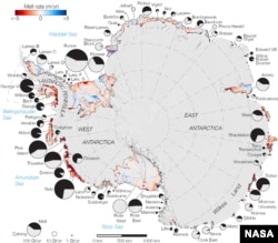 Rates of basal melt of Antarctic ice shelves (melting of the shelves from underneath) overlaid on a 2009 mosaic of Antarctica created from data from NASA's Moderate Resolution Imaging Spectroradiometer (MODIS) instrument aboard NASA's Terra and Aqua space