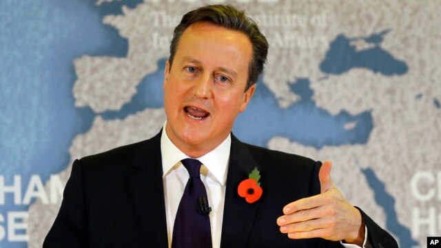 El primer ministro británico, David Cameron, proununció un discurso sobre reformas a la UE en Chatham House en Londres, el martes, 10 de noviembre de  2015.