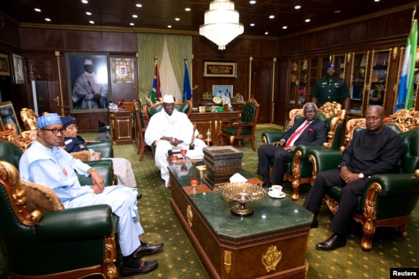 FILE - Gambian President Yahya Jammeh meets with with the West Africa head of delegation during the election crisis mediation at the presidential palace Banjul, Gambia, Dec. 13, 2016