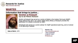 Ibrahim al-Rubaish, the top cleric of Yemen’s al-Qaida branch, appears in this wanted poster from the U.S. State Department’s Rewards for Justice website.