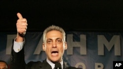 Mayor-elect Emanuel gestures after speaking to supporters during an election night party in Chicago, February 22, 2011