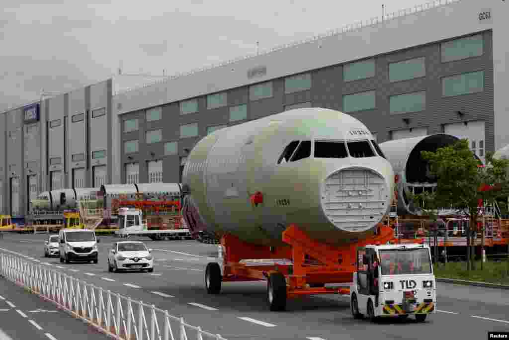 A fuselage section of an Airbus A320-family aircraft is transported at the Airbus facility in Montoir-de-Bretagne near Saint-Nazaire, France.