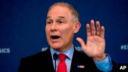 FILE - Environmental Protection Agency Administrator Scott Pruitt speaks at a news conference at EPA headquarters, in Washington, April 3, 2018.