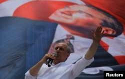 Muharrem Ince, presidential candidate of the main opposition Republican People's Party (CHP), addresses his supporters during an election rally in Istanbul, June 10, 2018.
