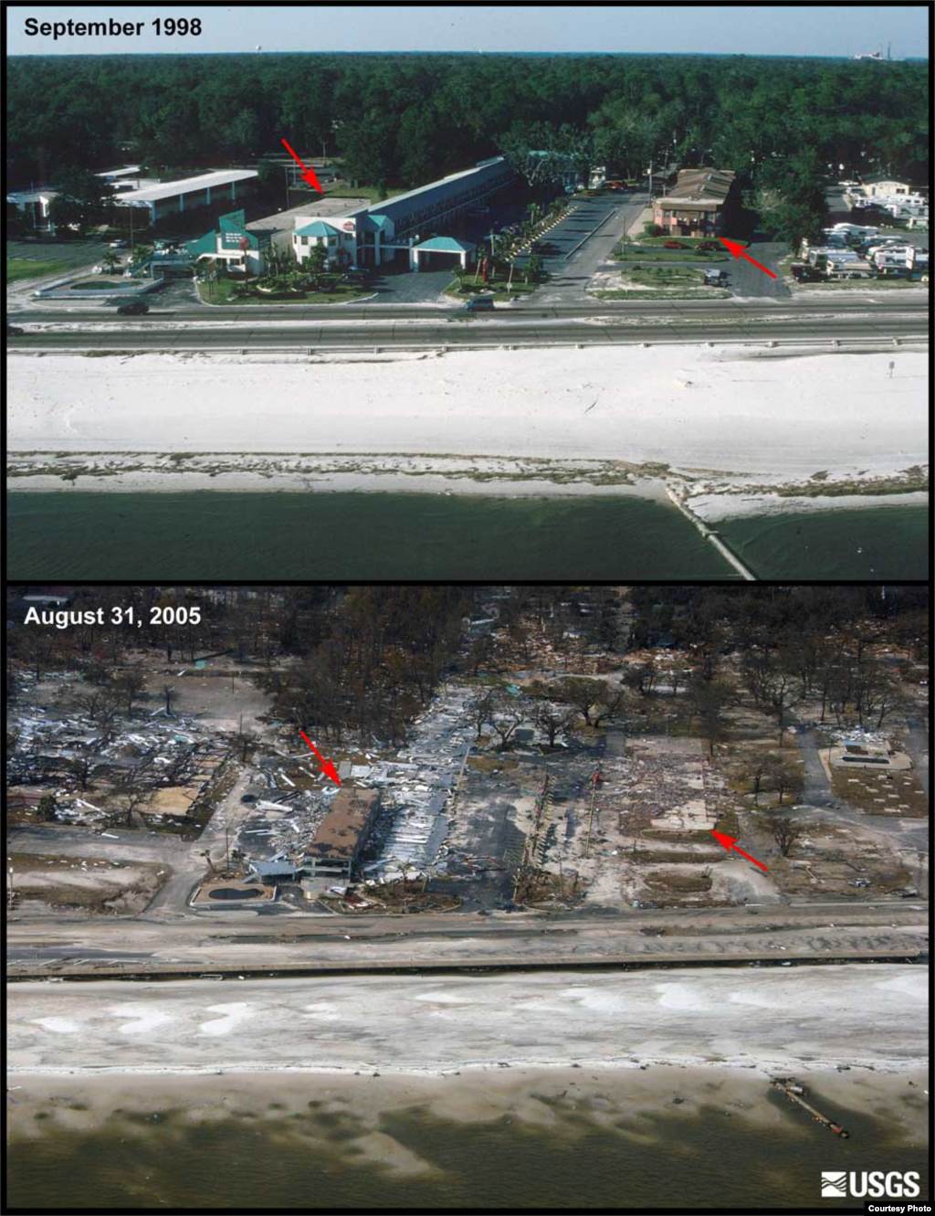 In the top image, taken in 1998, is the Deep South Motel to the left and an apartment building to the right. The bottom image shows the same location on Aug. 31, 2005, two days after Hurricane Katrina made landfall.