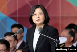 FILE - Taiwan's President Tsai Ing-wen delivers a speech during National Day celebrations in front of the Presidential Building in Taipei, Taiwan, Oct. 10, 2016.