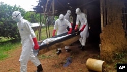 Ebola health care workers carry the body of a middle aged man they suspected of dying from the Ebola virus on the outskirts of Monrovia, Liberia, Nov. 8, 2014. 