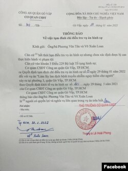 Thông báo của Công an quận Gò Vấp về việc tạm đình chỉ điều tra vụ án, ngày 29/1/2022. Facebook Loan Xuan Vo.