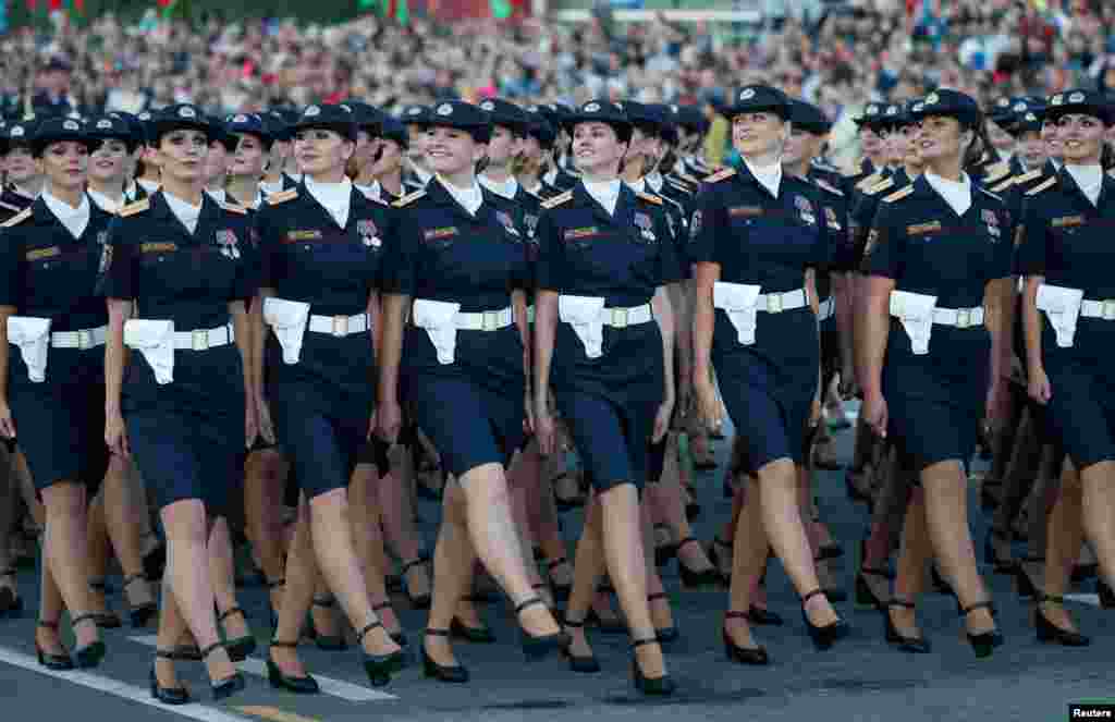 Servicewomen march during a military parade marking the Belarus Independence Day in Minsk.