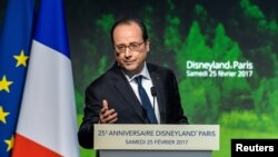 French President Francois Hollande delivers a speech during a ceremony to mark the 25th anniversary of Disneyland Paris Resort in Chessy, near Paris, Feb. 25, 2017.