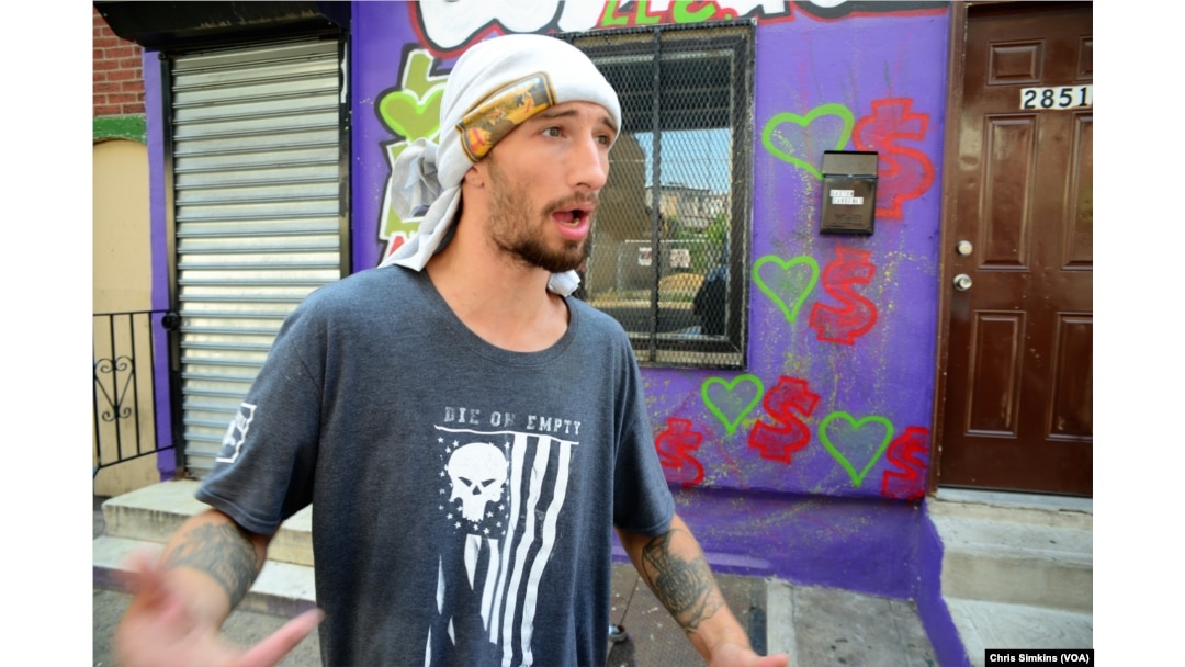 Anthony, 28, has been off and on using heroin in a Kensington neighborhood in Philadelphia, Aug. 17, 2017.