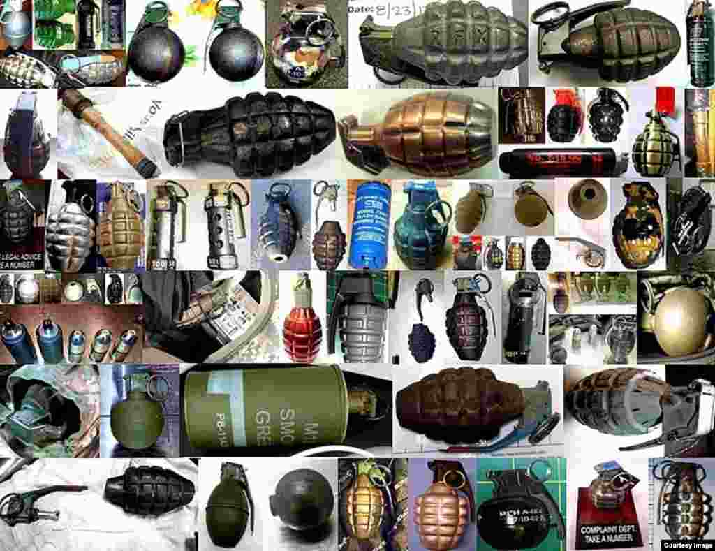 Sejumlah granat mainan atau granat kosong yang ditemukan agen-agen TSA.