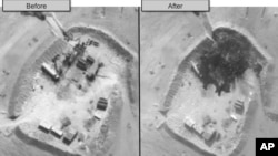 FILE- A two-picture combo photo, provided by the Pentagon, shows before and after airstrike photos of an oil refinery in Syria.