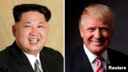 FILE - A combination photo shows a Korean Central News Agency (KCNA) handout of Kim Jong Un released on May 10, 2016, and Donald Trump posing for a photo in New York City, U.S., May 17, 2016.