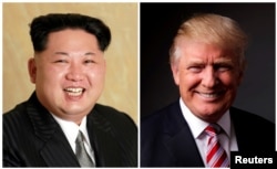 ພາບລວມ ສະແດງໃຫ້ເຫັນໃບປິວ ຂອງ ອົງການສູນກາງຂ່າວ ຂອງເກົາຫຼີເໜືອ (KCNA) ຂອງຮູບຜູ້ນຳ ກິມ ຈົງ ອຶນ (Kim Jong Un) ທີ່ໄດ້ຖືກເປີດເຜີຍ ເມື່ອວັນທີ 10 ພຶດສະພາ 2016, ແລະ ພາບຂອງທ່ານ ດໍໂນລ ທຣຳ ຖ່າຍໃນນະຄອນ ນິວຢອກ ຂອງສະຫະລັດ, ວັນທີ 17 ພຶດສະພາ 2016.