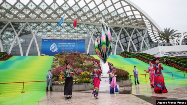 Dancers perform outside the venue of the UN Biodiversity Conference (COP 15) in Kunming, in China's southwestern Yunnan province on Oct. 11, 2021.