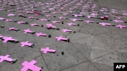 Các chiếc thánh giá làm bằng giấy màu hồng, mỗi cái tượng trựng cho 1 phụ nữ bị giết do bạo động vì ma túy được đặt ở Cuernavaca, Mexico