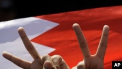 A Bahraini anti-government protester flashes a victory sign in front a Bahraini flag at the Pearl roundabout in Manama, Bahrain, Sunday, Feb. 20, 2011.