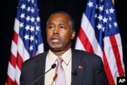 Republican presidential candidate Dr. Ben Carson speaks at a news conference in Henderson, Nevada, Nov. 16, 2015. Carson called for Congress to cut off funding for resettlement of Syrian immigrants in the U.S.