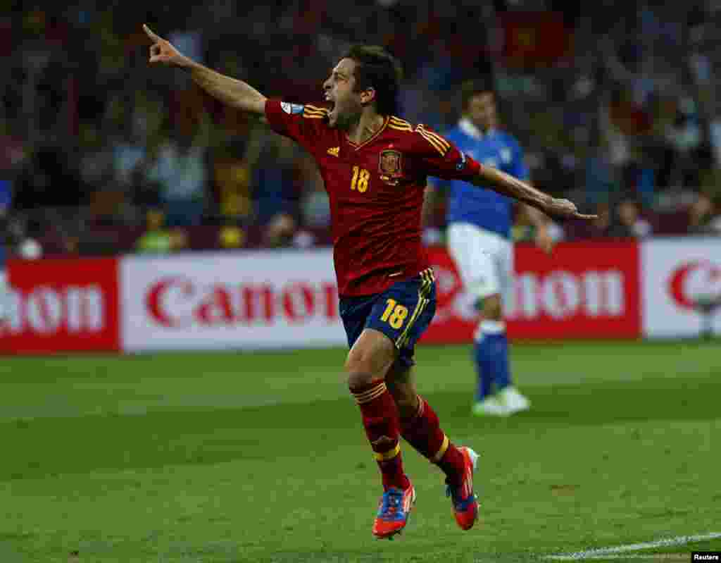 Spain's Jordi Alba celebrates after scoring a goal against Italy during their Euro 2012 final soccer match at the Olympic stadium in Kiev July 1, 2012