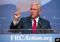 FILE - Republican vice presidential candidate Mike Pence speaks to the Values Voters Summit in Washington, Sept. 10, 2016.
