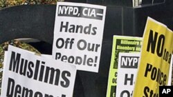 Cyrus McGoldrick, civil rights manager for the Council on American-Islamic Relations, speak during a rally of Muslims and supporters protesting the NYPD surveillance operations of Muslim communities, in New York, November 18, 2011.