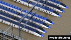 A Shinkansen bullet train rail yard is seen flooded due to heavy rains caused by Typhoon Hagibis in Nagano, central Japan, October 13, 2019, in this photo taken by Kyodo.