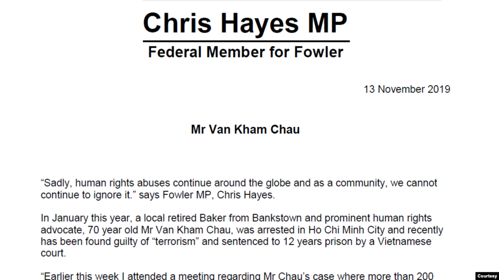 Tuyên bố của Dân biểu Úc Chris Hayes về việc Việt Nam tuyên án 12 tù đối với công dân Úc Châu Văn Khảm.