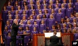 The Tabernacle Choir at Temple Square performs during the twice-annual conference of The Church of Jesus Christ of Latter-day Saints, Oct. 6, 2018, in Salt Lake City.