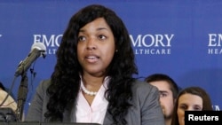 Amber Vinson, who had contracted the Ebola virus, speaks before her release from Emory University Hospital in Atlanta, Georgia on October 28, 2014. 