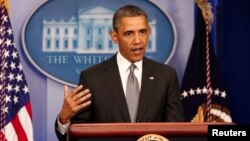 Presiden AS Barack Obama memberikan pernyataan khusus di Gedung Putih mengenai ledakan bom pada Marathon di Boston (16/4).