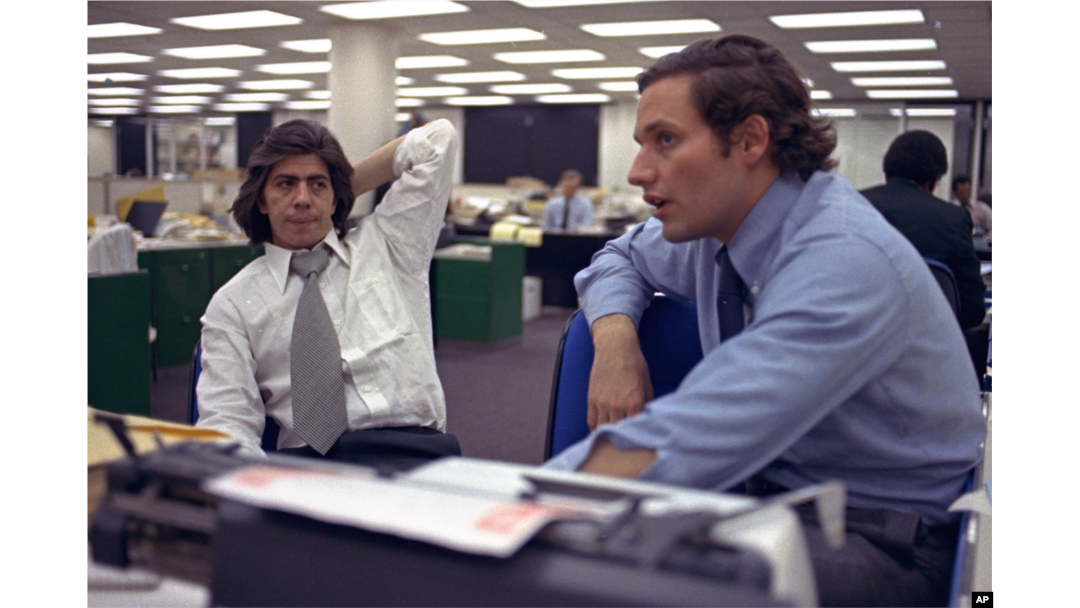 Washington Post reporters Carl Bernstein and Bob Woodward at work in 1973.