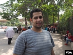 Like most youth in Cairo, Mamdouh, a law student, says "ISIS doesn't represent Islam" near his university in Egypt's capital, April 21, 2016. (H. Elrasam/VOA)